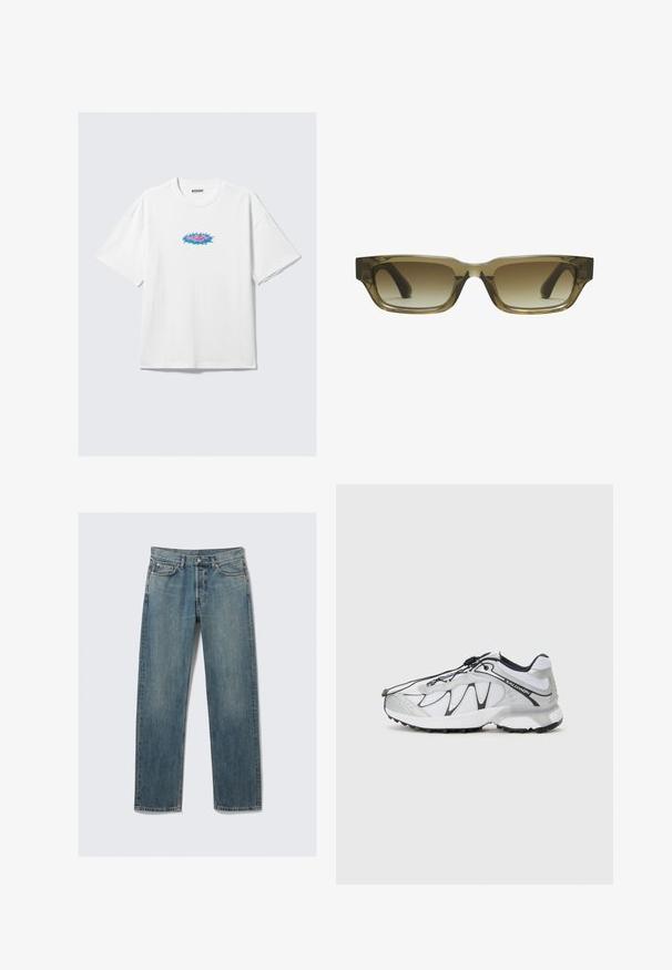 Bílý bavlněný tričko s oversized střihem, na přední straně s barevným grafickým designem v růžové a modré barvě. Kulatý výstřih, krátké rukávy.; Modré džíny rovného střihu s předními a mincovními kapsami, poutky na opasek a kovovým zapínáním na pozadí bez vzoru.; Bílé sportovní boty s síťovaným svrškem, černými akcenty, texturovanou gumovou podrážkou a elastickým šněrovacím systémem. Lehký model s moderním designem.; Hnědé gradientní sluneční brýle s obdélníkovým tvarem, silnými masivními rámy a černými stranami. Průhledný hnědý materiál dodává rozměr.