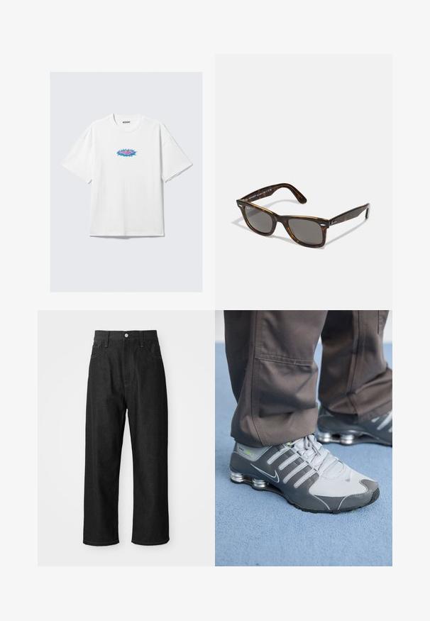 Balta kokvilnas T-krekls ar pārliecīgu piegriezumu, ar krāsainu grafisku dizainu rozā un zilā krāsā priekšā. Apaļa apkakle, īsas piedurknes.; Melnas džinsus bikses ar brīvu piegriezumu, augstu vidukli, rāvējslēdzēja aizdari un piecu kabatu dizainu. Redzama šuvju akcenti visā virsmā.; Pelēki un sudraba Nike Shox sporta apavi izceļas ar elegantu dizainu, izmantojot acu un sintētiskos materiālus, apaļu purngalu un mīkstinātu apkakli.; Torti zāģis saulesbrilles ar pelēkajiem stikliem un kvadrātveida rāmi, kas izceļas ar metāla akcentiem uz tempļiem un logotipu dizainā.