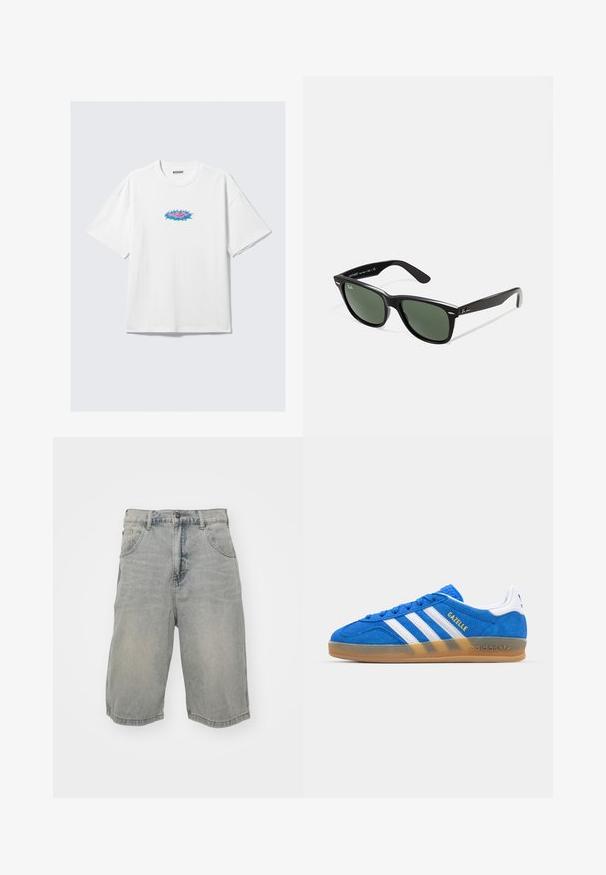Witte katoenen t-shirt met een oversized pasvorm, voorzien van een kleurrijk grafisch ontwerp in roze en blauw aan de voorkant. Ronde hals, korte mouwen.; Lichtblauwe denim shorts met een relaxte fit, voorzien van vijf zakken, riemlussen en een vervaagde textuur. De zoom is opgerold en gestikt.; Blauwe suède sneakers met witte strepen en het woord "Gazelle". Beschikt over een gumrubberen zool en textuuraccenten op de bovenkant. Klassiek ontwerp.; Zwarte plastic zonnebril met groene lenzen, vierkante montuur, zilveren accent op de wenkbrauw en een gestructureerde tempel. Merken vermeld op de binnenkant van de arm.