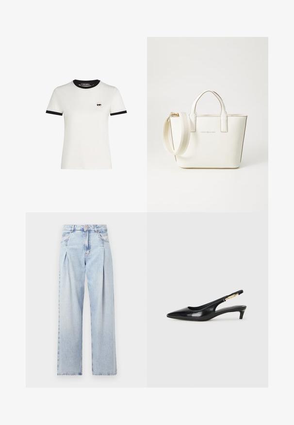 T-shirt en coton blanc avec un col et des ourlets de manches ribbed noirs. Il présente un petit design de visage de dessin animé brodé sur la poitrine gauche.; Jeans en denim bleu clair avec taille haute, coupe large, deux poches latérales et design plissé. Texture douce avec une finition décolorée.; Talons hauts en cuir noir avec un bout pointu, dotés d'un talon fin et d'un accent en ton or sur la lanière réglable. Texture lisse.; Sac à main en simili cuir blanc avec de courtes poignées, une bandoulière réglable et des garnitures en ton or ; arbore un logo subtil à l'avant.