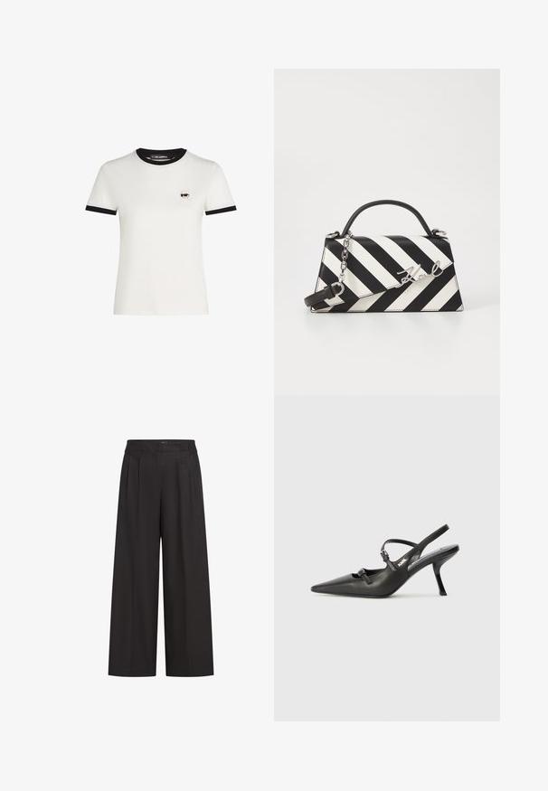 Balta medvilnės marškinėliai su juodu ribotu kaklu ir rankovių kraštais. Yra mažas siuvinėtas animacinio veido dizainas ant kairiojo krūtinės.; Juodi plačių kojų kelnių su aukštu liemeniu, su priekinėmis raukšlėmis ir lygiu paviršiumi. Pagaminta iš lengvos medžiagos.; Juodi odiniai slingback kulniukai su smailiu pirštu, siauru kulnu ir dekoratyvine sagtimi viršuje. Lygus paviršius ir elegantiškas dizainas.; Juoda ir balta dryžuota rankinė su struktūrizuota forma, turinti viršutinę rankeną, nuimamą grandinėlės dirželį ir metalinį logotipo akcentą.