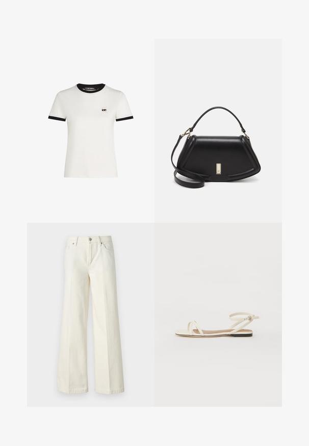 White cotton t-shirt with black ribbed neckline and sleeve hems. Features a small embroidered cartoon face design on the left chest.; Wide-leg white jeans made from cotton blend fabric. Features a zipper fly, five-pocket design, and stitching along the seams.; Flat sandals in cream leather with thin cross straps, ankle strap with buckle, minimalistic design, and a contrasting black sole.; Black leather handbag with a structured design, featuring a cropped shape, top handle, and gold hardware accent. Adjustable shoulder strap included.