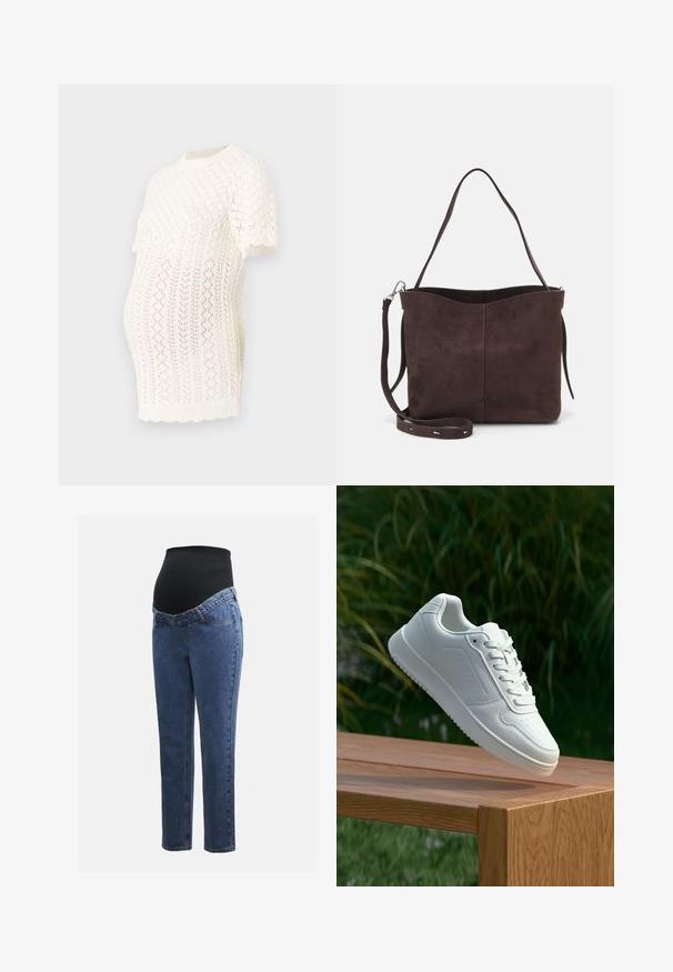 Witte gebreide zwangerschaps top met korte mouwen, geribbelde kraag en geometrische opengewerkte patronen voor ademend vermogen en comfort.; Zwangerschapsjeans met blauwe denim benen en een zwart rekbaar buikpaneel, ontworpen om een groeiende buik te ondersteunen en te bedekken.; Witte sneaker met een gladde synthetische bovenkant, geperforeerde neus, platte veters en een gestructureerde zool, tentoongesteld op een houten oppervlak.; Bruine suède schoudertas met een zachte textuur, voorzien van een enkele schouderband en een subtiele, gebogen bovenopening. Geen zichtbare hardwaredetails.