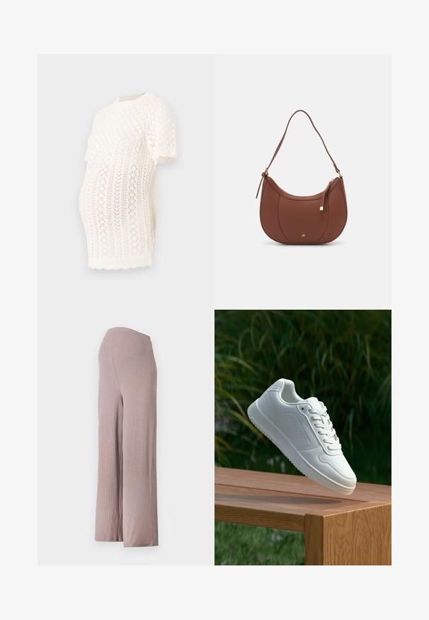 Knit white maternity top featuring short sleeves, ribbed collar, and geometric openwork patterns for breathability and comfort.; Light pink, ribbed wide-leg pants with a seamless waistband, featuring a soft, textured fabric and a relaxed silhouette.; White sneaker with a smooth synthetic upper, perforated toe box, flat laces, and a textured sole, displayed on a wooden surface.; Brown faux leather shoulder bag with curved shape, minimal stitching, and a gold-tone hardware accent. Features a top zipper closure and adjustable strap.