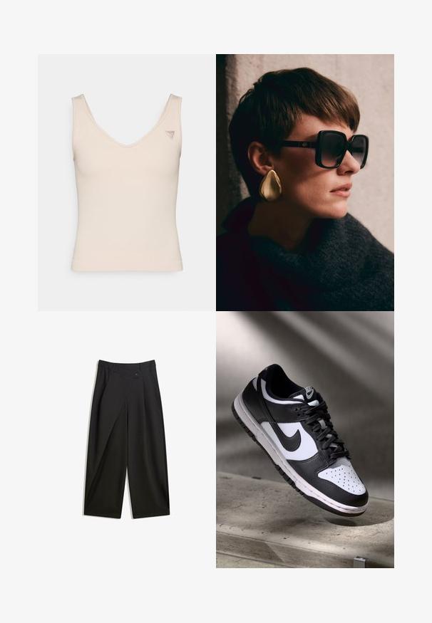Csíkozott, ujjatlan bézs felső V-nyakkivágással. Kisebb logó található a bal vállon. Puha tapintású, testhez simuló szabású.; Fekete, bő szabású nadrág sima anyagból. Elöl pliszé, gombos záródással és szabott derékkal rendelkezik a karcsú illeszkedés érdekében.; Fekete-fehér Nike Dunk Low sneaker, bőr felsőrésszel, perforált orral és fekete fűzőkkel, fehér talppal és logó kiegészítőkkel.; Fekete, oversize napszemüveg sötét lencsékkel és arany részletekkel, nagy, fényes arany cseppfülbevalóval párosítva. Sötét, texturált sál.