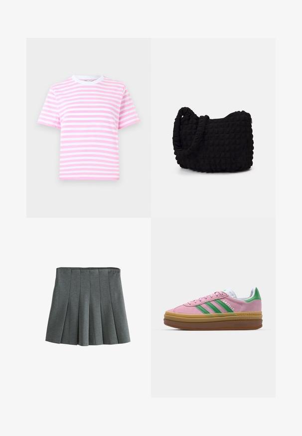 Lyhythihainen cropped t-paita, jossa on vaaleanpunaisia ja valkoisia pystyraitoja, valmistettu pehmeästä kankaasta ja pyöreällä valkoisella kaula-aukolla.; Hame harmaa, jossa on taitteet, valmistettu kevyestä kankaasta. Hameessa on istuva vyötärö ja rakenteelliset taitteet, jotka luovat läpikuultavan siluetin.; Vaaleanpunaiset mokkanahkakengät, joissa on vihreät raidat, valkoiset yksityiskohdat ja ruskea kumipohja. Sisältää tekstuurillista kangasta ja logoyksityiskohtia sivulla.; Musta kangaspussi, jossa on teksturoitu, tikkikuvio. Pyöreä muoto, lyhyet, paksut kahvat ja pehmeä, joustava rakenne.