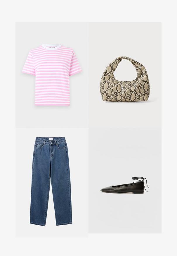 R短āmās piedurknes īss t-krekls rozā un baltās vertikālās svītrās, izgatavots no mīksta auduma ar apaļu baltu kakla izgriezumu.; Klasiskie zili džinsi ar taisnu kāju dizainu, pieciem kabatām un pogu aizdari. Iezīmējas ar vidēju mazgāšanu un izturīgu tekstūru.; Melnas ādas baleta kurpes ar smailu purngalu, potītes saitēm un plakanu zoli, kas izceļas ar gludu tekstūru un minimālistisku dizainu.; Čūsku raksta soma ar izliekto rokturi. Izgatavota no teksturētiem, bēšiem un brūniem materiāliem, ar izteiksmīgu dimanta rakstu.