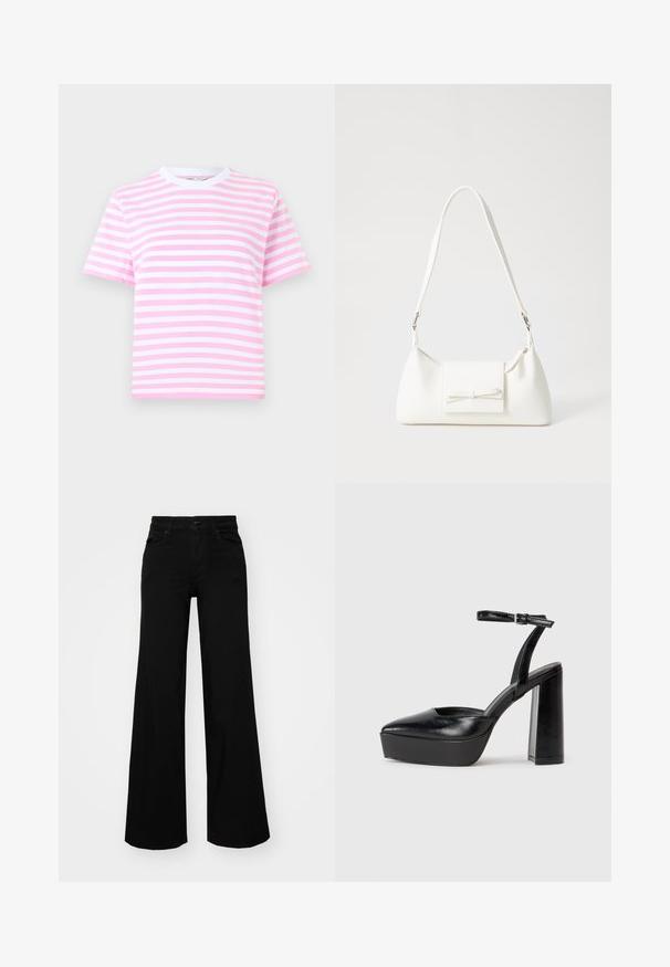 Camiseta cropped de manga corta en rayas verticales rosas y blancas, hecha de tela suave con un cuello redondo blanco.; Pantalones de mezclilla de pierna ancha y color negro, con una cinturilla estructurada, pasadores para cinturón y bolsillos frontales. Textura suave con un diseño clásico.; Zapatos de tacón negro con punta afilada y correa ajustable en el tobillo. Confeccionados en cuero suave, presentan un tacón grueso.; Bolso sintético blanco con forma triangular, tapa frontal plana y detalle de lazo, correa ajustable, textura suave y diseño minimalista.
