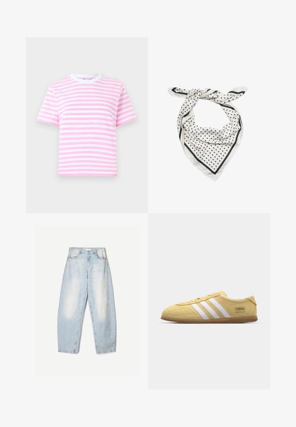 Gestreept T-shirt met korte mouwen in roze en wit, met een ronde halslijn en zachte stof. Voorzien van horizontale strepen in verschillende breedtes.; Lichtblauwe denim jeans met een losse pasvorm, voorzien van een vervaagde afwerking, twee voorzakken en een knoopsluiting bij de taille.; adidas Originals GAZELLE LO PRO W - Sneakers laag - almost yellow/footwear white; Witte zijden sjaal met zwarte polka dots en een zwarte rand, losjes gebonden met twee uiteinden die uitsteken tegen een witte achtergrond.
