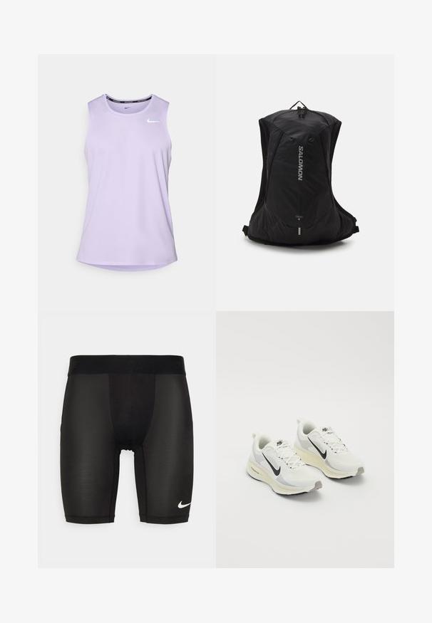Fioletowy bezrękawnik sportowy wykonany z lekkiego materiału, z zaokrąglonym dołem i małym białym logo Nike na piersi.; Czarne spodenki sportowe wykonane z gładkiego, elastycznego materiału. Posiadają szeroki pas ze wytłoczonym logo oraz małe białe logo na nogawce.; Buty do biegania wykonane z białej, oddychającej siateczki z jasnoszarymi akcentami. Posiadają czarny logo w kształcie „swoosh” oraz jasnoszary gumowy bieżnik.; Salomon CROSS 8 UNISEX czarny
