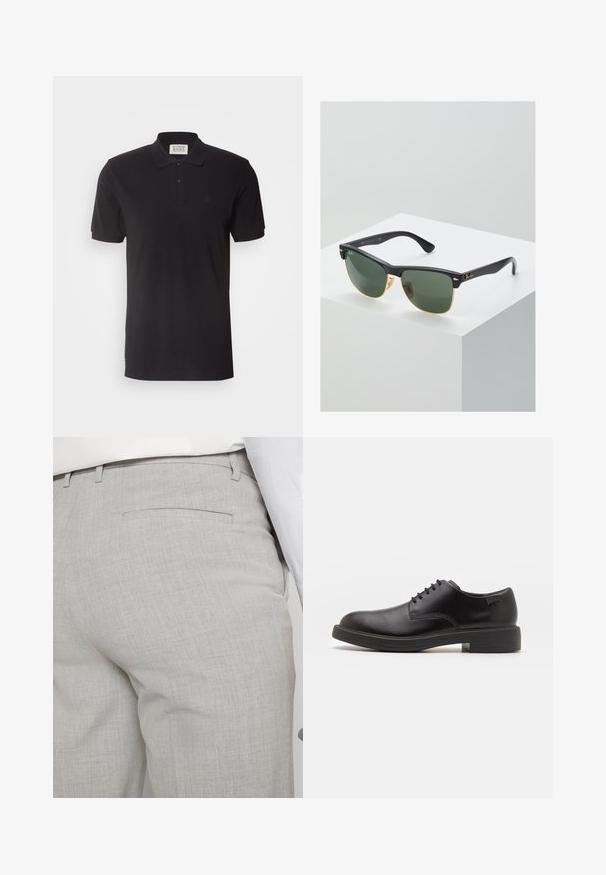 Scotch & Soda ESSENTIALS - Polosärk - black; Heledat hallid kohandatud püksid tekstuurse kangaga, millel on üks tagatasku ja puhas õmblus.; Must beemel levalis kingad ümarate varvastega, sileda pinnaga, minimaalsete õmblustega ja madala kummist kontsaga. Logo kontsa peal.; Ray-Ban'i prillid roheliste objektiividega, mustade plastikraamide ja kuldsete aktsentidega servadel. Ruudukujuline kuju mati viimistlusega.