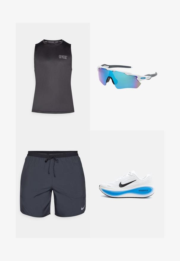 Črna brezrokavna majica iz gladkega in elastičnega materiala. Ima okroglo ovratnico in natisnjen logotip spredaj. Minimalističen dizajn.; Nike tekaški kratki hlače v temno sivi barvi, z elastičnim pasom in vrvico za zategovanje ter srebrnim logotipom na spodnjem desnem delu noge.; Bele športne copate z teksturiranim zgornjim delom, črnim Nike logotipom in modrim ZoomX podplatom. Imajo zaobljen prst in vzorčen podplat.; Sončne očala z belim okvirjem, sivi detajli in modrimi zrcalnimi lečami. Športna zasnova, ovitek oblike in nastavljivi nosni blazinici.