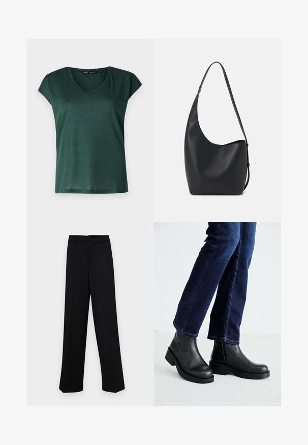 Dark green short-sleeve top with a round neckline, made from a shimmering material. Smooth texture with a relaxed fit.; Black wide-leg trousers made of smooth fabric, featuring a classic waistband with a button closure and front pleats.; Black leather ankle boots with a chunky sole and side elastic panels, paired with dark blue jeans. The ground is light-colored.; Black leather hobo bag with a smooth texture, curved shape, and single adjustable strap; features a wide opening at the top.