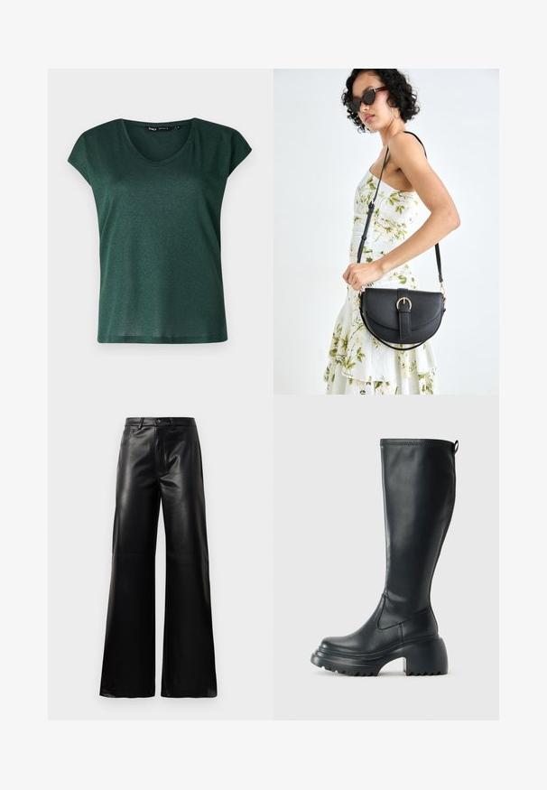 Tamnozelena majica kratkih rukava s okruglim izrezom, izrađena od sjajnog materijala. Glatka tekstura s ležernim krojem.; Crne visoke široke hlače od umjetne kože s prednjim gumbom, zatvaranjem na zip, petljama za pojas i bočnim džepovima na bijeloj pozadini.; Visoke crne kožne čizme s debelim platformskim đonom i blok petom, s patentom za povlačenje i teksturiranim uzorkom na potplatu.; Crna kožna torba s lukovitim oblikom, odvojivim remenom i zlatnim detaljima. Torba ima preklop s kopčom.