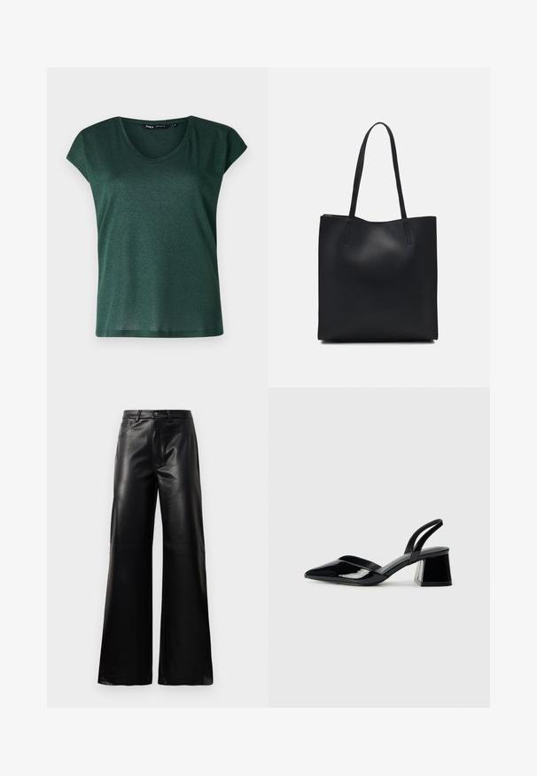 Mørkegrøn kortærmet top med rund halsudskæring, lavet af et skimrende materiale. Glat tekstur med en afslappet pasform.; Sorte high-waisted bukser i bred ben i imiteret læder med forreste knap, lynlås, bæltestropper og sidelommer på hvid baggrund.; Sorte patentlæder slingback hæle med spids tå og en geometrisk blok hæl. Har et elegant, minimalistisk design og en glat tekstur.; Sort læder tote taske med glat tekstur, rektangulær form og to lange hanke. Ingen synlig hardware eller udsmykninger.
