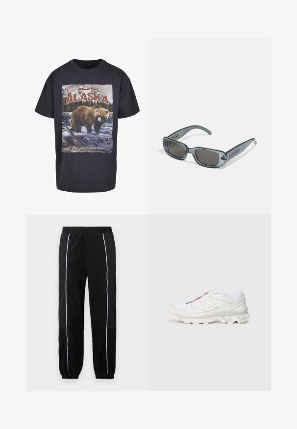 Crna pamučna majica s grafikom medvjeda i ribe, uz tekst "Aljaska" i "Posljednja granica". Kratki rukavi, ležeran kroj.; Crne trenirke s bijelim bočnim trakama, elastičnim pojasom i manžetama. Izrađene od mekog, teksturiranog materijala za udobnost i fleksibilnost.; Bijela atletska obuća s teksturiranim mrežastim gornjim dijelom, reflektirajućim detaljima i podstavljenim potplatom. Značajan logo brenda sa strane.; Santa Cruz INFERNO UNISEX - Sunčane naočale - crystal black