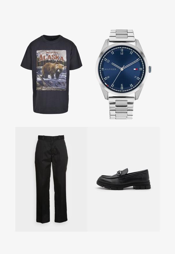 Tricou negru din bumbac, cu un grafic ce prezintă un urs și un pește, având textul "Alaska" și "Ultima Frontieră". Mâneci scurte, croială lejeră.; Pantaloni negri dintr-un material neted, cu un design drept, cu brâu pentru curea și două buzunare laterale. Aspect clasic fără embellishments.; Mocasini din piele neagră cu vârful rotund, o curea decorativă și accesorii metalice, și o talpă chunky texturată. Finisaj neted cu detalii subtile.; Ceas metalic argintiu cu un cadran albastru periat, marcaje albe pentru ore și o afișare a datei. Dispune de o curea metalică legată și logo-ul mărcii.; Colier din argint cu lănțișoare groase și un pandantiv circular central cu detalii intricate. Suprafață metalică netedă și reflexivă.