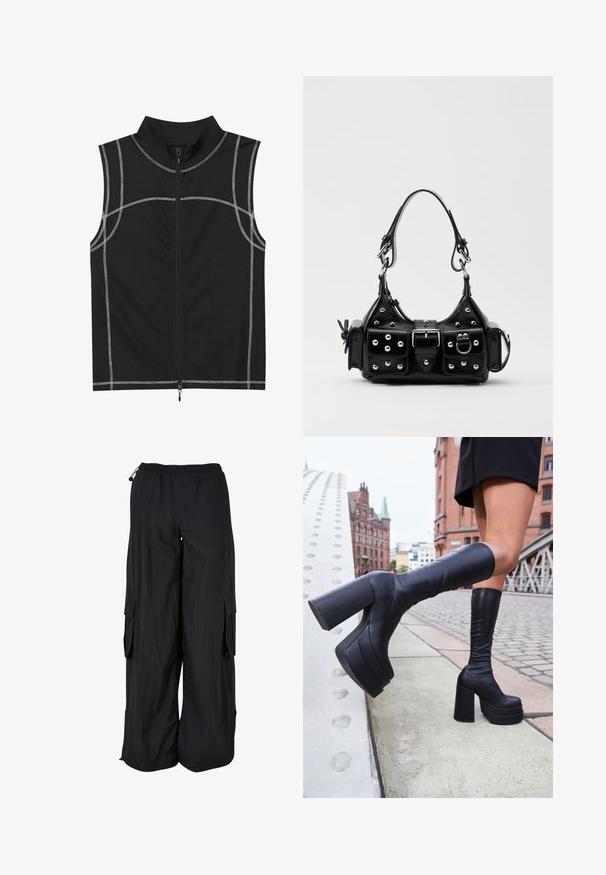 Fekete ujjatlan mellény sima anyagból, ezüst varrási részletekkel és elülső cipzárral, magas gallérral tervezve.; Fekete cargo nadrág rugalmas derékkal, laza szabás, könnyű anyag, oldalsó zsebek és finom textúrájú felület.; Fekete, térd fölé érő, sima bőrből készült platform csizmák, vastag, négyzet alakú sarkakkal és letisztult dizájnnal, városi háttér előtt.; Fekete bőr kézitáska ívelt designnal, ezüst szegecsekkel, csattal és két oldalsó zsebbel. Állítható vállpánt a hordozási lehetőségekhez.