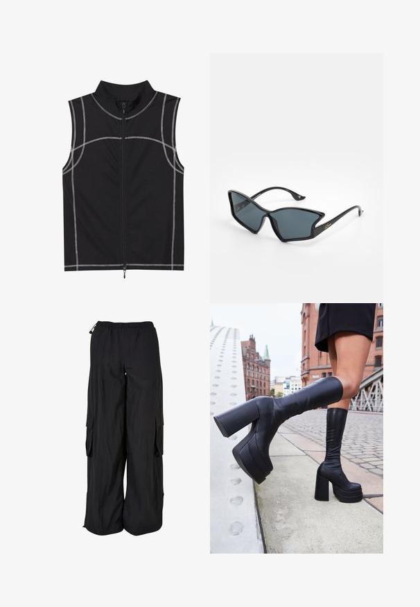 Juodas bevandenis liemenė, pagaminta iš lygaus audinio, su sidabrinėmis siūlėmis ir priekyje užtrauktuku, su aukšta apykakle.; Juodos kargo kelnės su elastinga juosmens juosta, laisvas siluetas, lengvos medžiagos, šoninės kišenės ir subtilus tekstūruotas paviršius.; Juodi aukštakulniai bateliai iki kelių, pagaminti iš lygaus odos, su storais kvadratiniais kulnais ir elegantišku dizainu, prieš miesto fono.; Juodos plastikinės saulės akinių su geometrine katės akies forma, pilkais lęšiais ir auksinėmis detalėmis ant šakelių. Sklandus tekstūra visame rėmelyje.