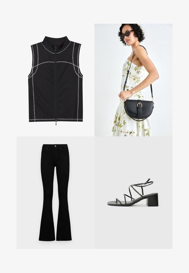 Czarna bezrękawnik wykonana z gładkiego materiału, z detalami srebrnego przeszycia i zamkiem błyskawicznym z przodu, zaprojektowana z wysokim kołnierzem.; Czarne, wysokie dżinsy z guzikem i zamkiem błyskawicznym, z przednimi kieszeniami i rozszerzanymi nogawkami, leżące płasko na białym tle.; Czarne sandały na obcasie z kwadratowym noskiem, wykonane z gładkiego materiału. Mają regulowane paski na kostce oraz minimalne elementy ozdobne.; Czarna skórzana torebka o zakrzywionym kształcie, z odpinanym paskiem i złotymi akcentami. Torebka posiada klapę z zapięciem w kształcie klamry.