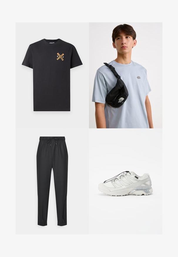 Melna kokvilnas t-kreklā ir oranžas krāsas grafiskais dizains, kas uz krūšu daļas veido šķērsgriezumu ar vārdiem "ELEMENT" un "REMEMBER".; Melni sporta bikses, kas izgatavotas no mīksta, elastīga materiāla. Tām ir elastīga josta ar auklu, tievējo kāju forma un aproces pie potītēm.; Baltijas sporta apavi ar teksturētu sieta augšdaļu, atstarojošiem akcentiem un mīkstu zoli. Iekļauj elastīgas šņorītes un pelēkus akcentus.; Melna neilona krūšu soma ar regulējamu siksnu, ar izteiktu baltu logo. Valkāta virs gaiši zila T-kreklu. Vienkāršs, funkcionāls dizains.