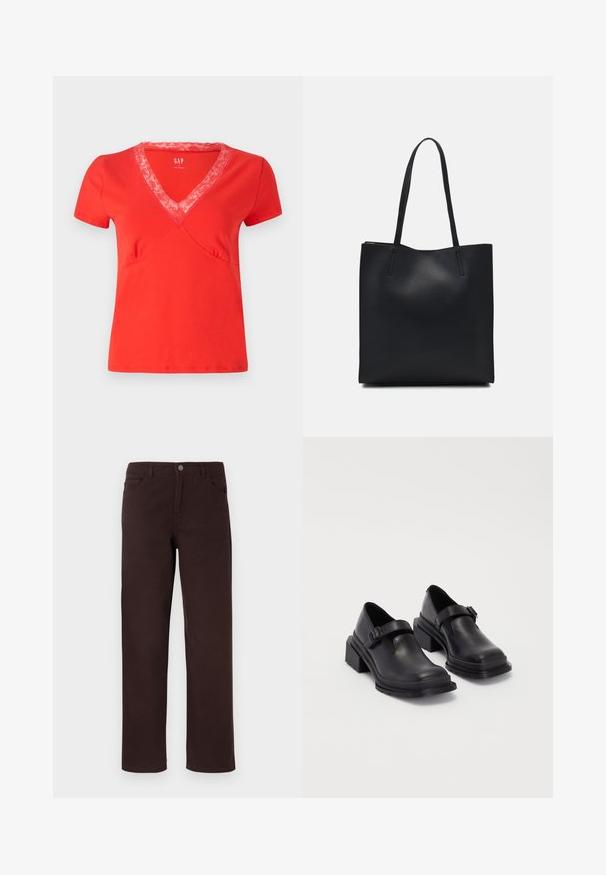 Sarkana T-krekls īsām piedurknēm un V-veida kakla izgriezumu, kuram ir mežģīņu apdare. Mīksta auduma, pieguļoša forma un dekoratīva dūriena apdare pa šuvēm.; Brūni kokvilnas bikses ar taisnu kāju designu, divām priekšējām kabatām un pogas aizdari pie jostas. Gluda tekstūra bez redzamām rakstām.; Melnas ādas kurpes ar noapaļotu purngalu, plakanu zoli un siksniņu ar sprādzi. Masīvs bloku papēdis papildu stabilitātei.; Melnas ādas somiņa ar gludu tekstūru, taisnstūra formu un divām garām rokturiem. Nav redzamu aparatūras vai rotājumu.