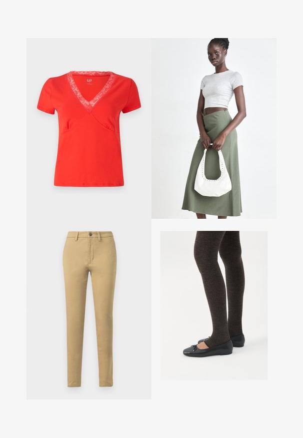 Camiseta roja de manga corta y escote en V con un borde de encaje. Tejido suave, forma ajustada y costuras decorativas a lo largo de las costuras.; Chinos caqui hechos de una mezcla de algodón, con un ajuste slim, trabillas para cinturón, bolsillos frontales y un cierre de un solo botón.; Zapatos planos negros con un pequeño lazo en la punta, combinados con medias de punto en marrón oscuro. Los zapatos tienen una textura suave y un perfil bajo.; Top corto de canalé gris y falda de tiro alto verde oliva. La modelo sostiene un bolso de hombro blanco con detalles recortados. Diseño simple, silueta ajustada.