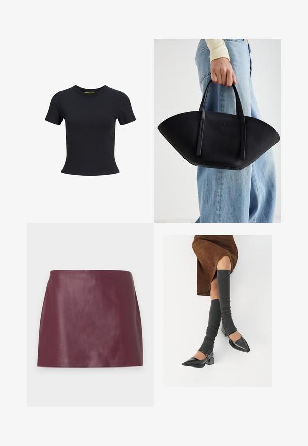 Musta lyhythihainen t-paita, joka on valmistettu sileästä puuvillasta. Siinä on pyöreä kaula-aukko ja muotoiltu siluetti. Yksinkertainen, yhtenäinen värisuunnittelu.; Minihame valmistettu sileästä burgundinpunaisesta nahasta, suoralinjainen malli ilman näkyviä koristeita tai kiinnityksiä.; Musta lakattu nahkakengät teräväkärkisillä, leveällä kantapäällä ja nilkkahihnalla, yhdistettynä harmaisiin ribattuihin säärystimiin ja ruskeaan mokkasiinimekkoon.; Musta nahkainen käsilaukku, jossa on ainutlaatuinen tuulihattukuvio, jossa on litteät kahvat. Pinnassa on karkeapintainen rakenne ja minimalistinen muotoilu.