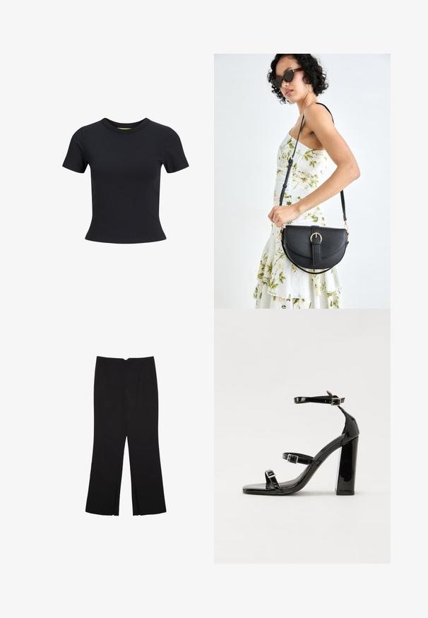 Črna majica s kratkimi rokavi, izdelana iz gladkega bombaža, z okroglo ovratnico in oprijetim krojem. Preprost, enobarven dizajn.; Črne hlače ravnega kroja z naglavnimi žepi in stranskimi razporki na robu. Narejene iz mehke, gladke tkanine. Primerne za različne priložnosti.; Črne lakirane sandale s peto, kvadratnim prstom, trakovi okrog gležnja in srebrnimi zaponkami. Opremljene so s stabilno Debelo peto.; Črna usnjena torbica s ukrivljeno obliko, z odstranljivo naramnico in zlatimi dodatki. Torbica ima pokrov s podrobnostmi v obliki zaponke.