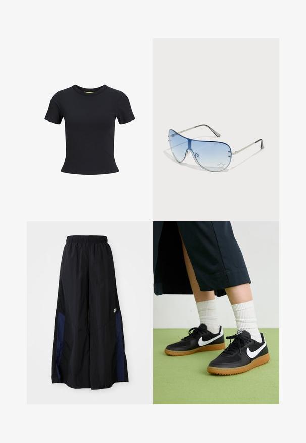 T-shirt preto de manga curta feito de algodão suave, com gola redonda e silhueta ajustada. Design simples e de cor sólida.; Calças largas pretas feitas de tecido leve, com um painel lateral azul-marinho e cintura elástica. Pequeno logótipo branco na parte inferior.; Sapatilhas pretas em couro e sintético com o logo da Nike em branco, sola de borracha tipo goma, bico redondo e atacadores pretos. Meias brancas com frunces visíveis.; Óculos de sol aviador com lentes azuis em degradê, armação metálica prateada e detalhes decorativos de estrelas nas lentes. Design suave e elegante.