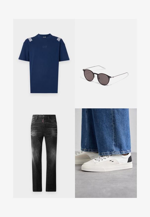 T-shirt de algodão azul-marinho com mangas curtas, apresentando detalhes listrados nos ombros e um discreto logo EA7 na frente.; Jeans de denim preto com um corte reto. Apresentam áreas desbotadas, ligeira degradação, design clássico de cinco bolsos e um fecho de botão.; Sapatilhas brancas e pretas com um upper de couro suave, detalhes texturizados e uma sola branca grossa. Apresenta um design clássico de atacadores.; Óculos de sol redondos pretos com lentes escuras e hastes metálicas finas. Inclui pontas de templo transparentes e detalhes em prata na dobradiça. Design minimalista.