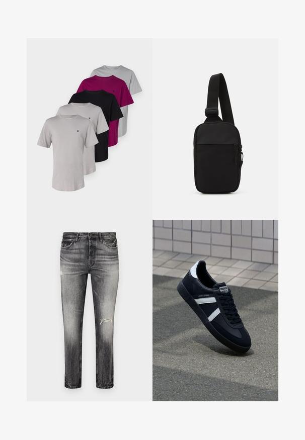 Jack & Jones PREMIUM JPRBRODY TEE CREW 5 PACK - Navadna majica - ash/black/alloy/magnetapurple; Svetle črne kavbojke s ravnim krojem, ki vsebujejo poškodovana območja, sprednje žepke in klasično gumba za zapiranje.; Črne usnjene superge z belimi črtami, teksturiran gumijast podplat in zavezovanje spredaj. Imajo označeno oznako na ježku.; Črna torba za čez ramo, izdelana iz trpežnega materiala, z enim nastavljivim trakom, z glavnim predalom na zadrgo in sprednjim žepom.