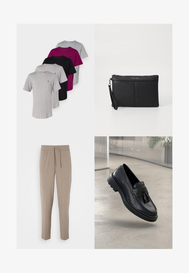 Jack & Jones PREMIUM JPRBLABRODY TEE CREW NECK 5 PACK - Basic póló - ash/black/alloy/magnetapurple; Világos bézs nadrág, rugalmas derékkal, állítható húzózsinórral és tapered lábakkal. Az anyag simának tűnik, enyhe fénylással.; Fekete bőrből készült mokaszinok sima felülettel, díszes bojttal, vastag gumitalppal és varrott részletekkel. Könnyű és elegáns kialakítás.; Fekete szintetikus pénztárca cipzárral, csuklópánttal és sima felülettel. Finom varrás és a logó dombornyomott a fronton.