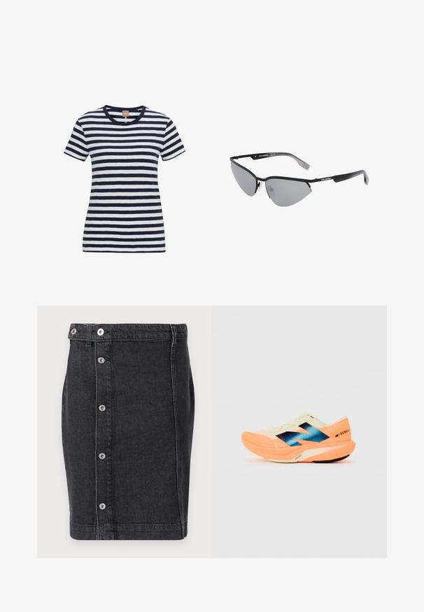Tengerészkék és fehér csíkos, puha pamutból készült póló, kerek nyakkivágással és rövid ujjakkal, fitt fazonnal és diszkrét logó címkével.; Sötét farmer szoknya egyenes szabással, ezüst sznap gombokkal az elején és diszkrét varrási részletekkel az oldalon.; Futócipő könnyű krém színű felsőrésszel, kék márkázással és narancssárga kiemelésekkel a talpon. Hálós textúra a légáteresztőség érdekében.; Fekete napszemüveg éles, macska-szem kialakítással. Ezüst tükörlencsék. Karcsú, könnyű műanyag keret, diszkrét logóval a szárakon.