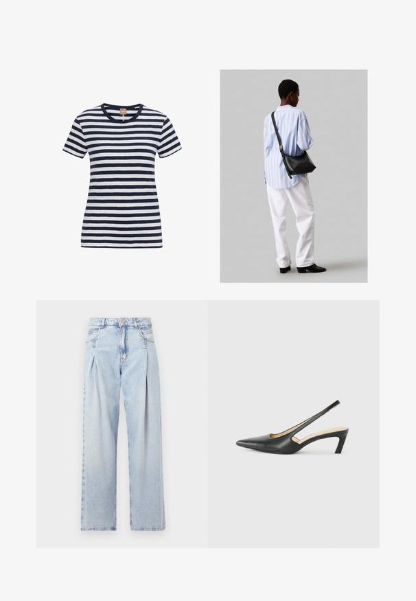 Tricou în dungi albastre și albe, confecționat din bumbac moale, cu un decolteu rotund și mâneci scurte, având o siluetă ajustată și un logo discret.; Jeans din denim albastru deschis cu talie înaltă, croială evazată, două buzunare laterale și un design pliat. Textură moale cu un finisaj decolorat.; Pantof cu toc mic, cu vârf ascuțit și slingback, realizat din piele netedă, având un design decupat pe lateral pentru respirabilitate.; Geantă de umăr din piele neagră cu o textură moale, formă triunghiulară și curea ajustabilă, asortată cu o bluză cu dungi albastre deschise și pantaloni albi.
