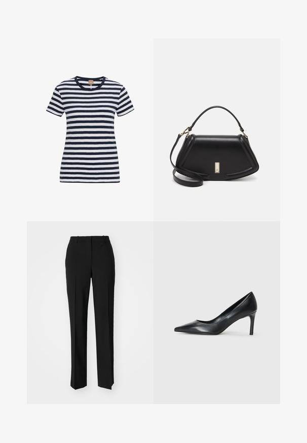 Navy and white striped t-shirt made of soft cotton, featuring a round neckline and short sleeves, with a fitted silhouette and subtle logo tag.; Black tailored trousers with a straight-leg design, featuring a smooth texture and crisp creases along the front. No visible hardware.; Black leather pointed-toe pump with a slim heel, smooth texture, and no visible embellishments. Clean design with a minimalist aesthetic.; Black leather handbag with a structured design, featuring a cropped shape, top handle, and gold hardware accent. Adjustable shoulder strap included.