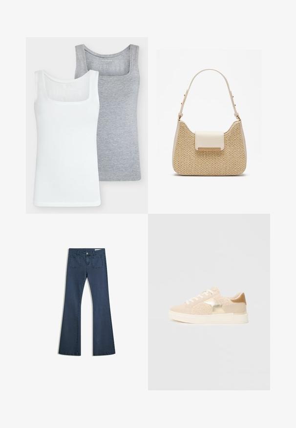 Dve tielka: jedno biele, jedno svetlošedé. Obe majú štvorcový dekolt, bez rukávov a sú vyrobené z mäkkého bavlneného materiálu s priliehavým strihom.; Tmavomodré zvonové džínsy s prešitými vreckami, zapínaním na gombík a hladkou textúrou. Obsahujú klasický dizajn s piatimi vreckami.; Béžové tenisky s kombinovaným dizajnom materiálov, s nadýchanými akcentmi, metalickými detailmi a textúrovaným zadným dielom, umiestnené na bielej podrážke.; Béžová kabelka s tkanou textúrou, hladkým krémovým klopom a krátkym popruhom. Zlato-kovové prvky dodávajú dizajnu detaily.
