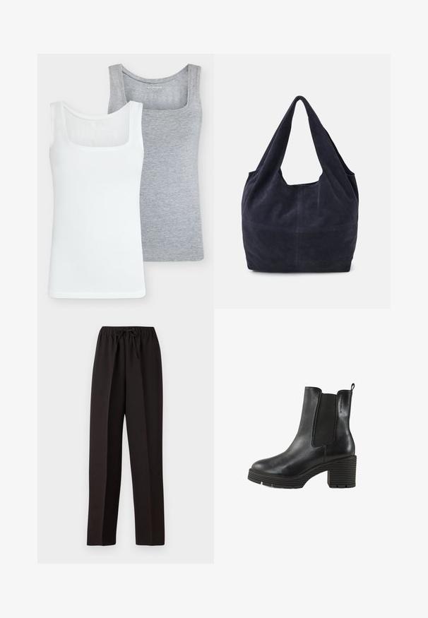 Twee tanktops: een witte en een lichtgrijze. Beide hebben een vierkante halslijn, mouwloos ontwerp en zijn gemaakt van zachte katoen met een getailleerde pasvorm.; Zwarte, wijde broek met een elastische tailleband en een verstelbaar trekkoord. Gemaakt van een gladde, lichte stof zonder zichtbare patronen.; Zwarte leren enkelboot met elastische zijkanten, chunky textuur hak en een trekband. Rondneus en een kenmerkende ribbelzool.; Marineblauwe suède handtas met een slouchy ontwerp, brede schouderbanden en zichtbare stikdetails op het lichaam.