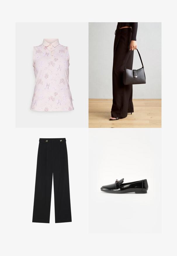 Gaiši rozā bezpiedurkņu polo krekls ar apkakli, kurā ir ziedu raksts dažādos rozā toņos. Četru pogu aizdare un logo detaļa uz apkakles.; Melnas platās bikses ar augstu jostasvietu, pogu detaļām uz jostas un priekšējām krokām.; Melns lakots ādas loafers ar plakanu zoli, apaļu purngalu un dekoratīvu jostu ar zelta toņa akcentu. Gluda, spīdīga apdare.; Melnā somiņa ar strukturētu formu, gludu tekstūru un metālu sprādzi. Saskaņota ar platām melnām biksēm un sandālēm ar atvērtu purngalu uz koka grīdas.