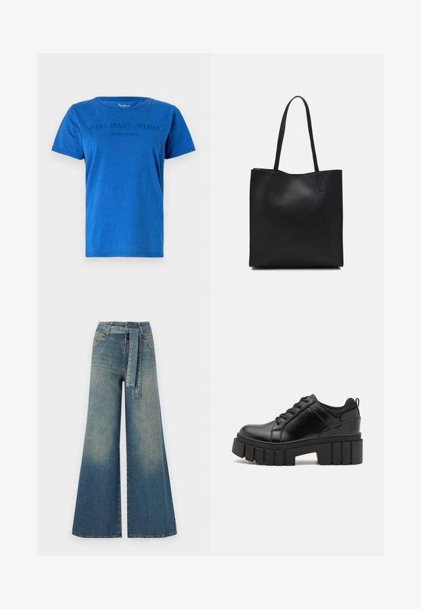 Blue cotton T-shirt with short sleeves, featuring raised text "PEPE JEANS LONDON WEST ELEVEN" across the chest in matching color.; Wide-leg denim trousers featuring a light to dark blue gradient, high waist, belt loops, and a matching fabric belt. Textured denim finish.; Black leather platform shoes with a chunky block heel, round toe, and traditional lace-up design. Features smooth texture and minimal detailing.; Black leather tote bag with smooth texture, rectangular shape, and two long handles. No visible hardware or embellishments.