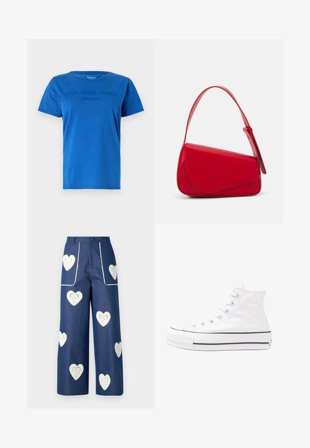 Mėlyna medvilninė marškinėliai trumpomis rankovėmis, su iškilmingu tekstu "PEPE JEANS LONDON WEST ELEVEN" per krūtinę tos pačios spalvos.; Sister Jane HEART TO HEART - Tiesaus kirpimo džinsai - blue denim; Balti aukštakulniai drobės sportbačiai su juodu guminio pado, priekinio guminio piršto dangteliu ir šešiais akytėmis raištams, pasižymintys švariu, minimalistiniu dizainu.; Raudona odinė rankinė su kampuota, geometrine forma. Pasižymi viena reguliuojama dirželiu ir dangteliu su siuvinėtais dekoracijomis.