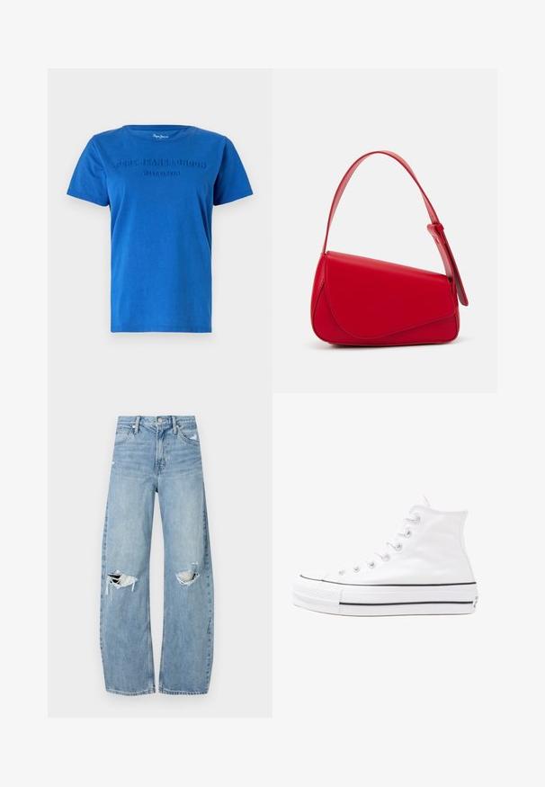 Blue cotton T-shirt with short sleeves, featuring raised text "PEPE JEANS LONDON WEST ELEVEN" across the chest in matching color.; Light blue, high-waisted jeans made of denim. Feature wide legs, two torn knee areas, and classic five-pocket styling.; White high-top canvas sneaker with black rubber sole, front rubber toe cap, and six eyelets for laces, featuring a clean, minimalist design.; Red leather handbag with an angular, geometric design. Features a single adjustable strap and a flap closure with stitched detailing.
