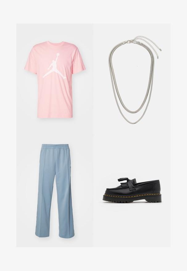 Jordan JUMPMAN SS CREW - Marškinėliai su spaudiniu - legend pink/white; Carhartt WIP BOLAN PANT - Treningo apatinė dalis - dusty ice/positano; Juodas odinis loaferis su kutais, turintis masyvų juodą pado ir geltonus siūlus palei kraštą. Textūruota danga.; Trijų sluoksnių sidabrinė metalinė apyrankė, kuri pasižymi stilingomis, lankstosiomis grandinėlėmis su švelniu blizgesiu, užsegama krabų užsegimu ir reguliuojama grandinė.