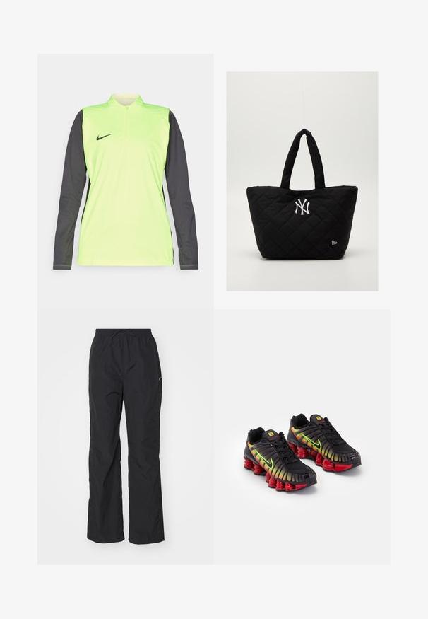 Dlouhý rukáv sportovní top v neonově žluté barvě s tmavě šedými rukávy. Obsahuje čtvrtzipový límec a malé černé logo Nike na přední straně.; Černé, lehké kalhoty s elastickým pasem a stahovací šňůrkou. Mají texturovaný povrch a malé reflexní logo na boku.; Černé tenisky Nike s gradientními akcenty v žluté, zelené a červené barvě. Mají výrazný texturovaný design a masivní červenou podrážku.; Prošívaná černá taška na rameno s dvojitými uchy, s bílým logem New York Yankees a malým emblémem značky na boku.