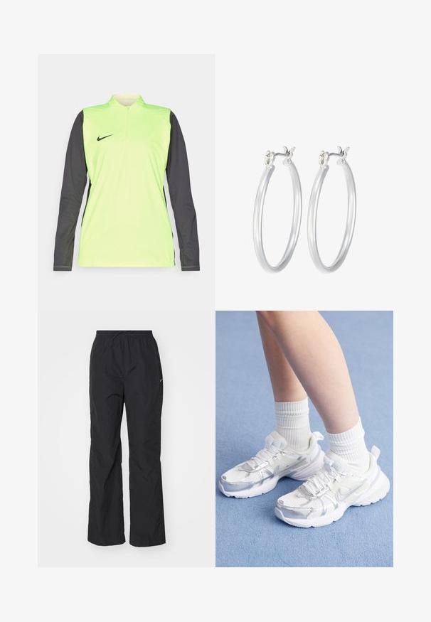 Pitkähihaisen urheiluvaatteen neonkeltaisissa hihoissa on tummanharmaat hihat. Siinä on vartalohihnan neljännesvetoketju ja pieni musta Nike-logo edessä.; Mustat, kevyet housut, joissa on joustava vyötärö ja nyöri. Niissä on teksturoitu pinta ja pieni heijastava logo sivussa.; Valkoiset urheilusandaalit, joissa on verkkokudosta ja synteettisiä päällysteitä, joissa on hopeinen Nike-logomerkki, ja jotka on yhdistetty ribbaisiin valkoisiin sukkiin sinisellä pinnalla.; Hope-silver rengas, joissa on sileä ja kiillotettu pinta. Pyöreä muoto ja turvallinen napsautettava lukitus. Kevyt muotoilu sopii päivittäiseen käyttöön.