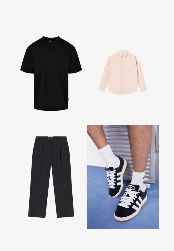 Černé tričko vyrobené z bavlny, s kulatým výstřihem a krátkými rukávy, volného střihu. Jednoduchý design, bez vzorů či grafik.; Světle růžová dlouhá košile s dlouhým rukávem vyrobená z jemné tkaniny, s límečkem na knoflíky, přední kapsou a nenápadným vyšitým logem na hrudi.; Upravené tmavě námořnické kalhoty s vysokým pasem, dvěma předními záhyby, zapínáním na knoflík a rovnými nohavicemi z hladkého materiálu.; Černé semišové tenisky s bílými tkaničkami a třemi bílými pruhy. Mají kulatou černou logo na jazyku a gumovou podrážku.