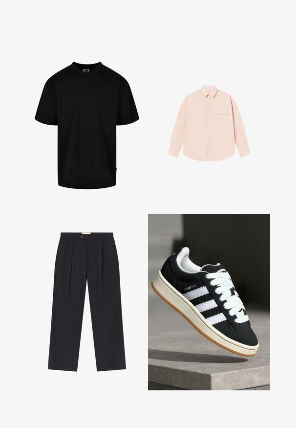 Juodas medvilnės marškinėlis, su apvaliu iškirpimu ir trumpomis rankovėmis, laisvas. Paprastas dizainas, be raštų ar grafikų.; Šviesiai rožinė ilgomis rankovėmis marškinėliai, pagaminti iš minkštos medžiagos, su mygtukų apykakle, priekinėmis kišenėmis ir subtiliu siuvinėtiniu logotipu ant krūtinės.; Tinkamai pritaikyti tamsiai mėlyni kelnes su aukštu liemeniu, dviem priekinėmis klostėmis, mygtukų uždarymu ir tiesiomis kojomis iš lygios medžiagos.; Juodas sportbačis su baltais dryžiais, suvarstomas, tekstūruotas viršus ir guminis padas. Šone yra „CAMPUS“ logotipas ir gumos pado išorė.