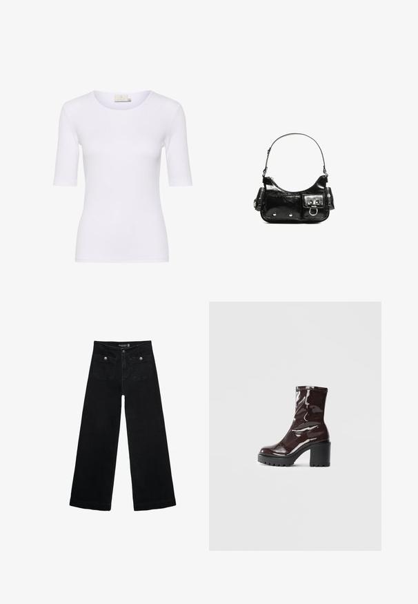 Weißes, eng anliegendes T-Shirt aus elastischem Stoff mit rundem Ausschnitt und Ärmeln bis zum Ellenbogen. Das Etikett zeigt Größe M an.; Schwarze, weit geschnittene Jeans mit hoher Taille, die zwei Fronttaschen und metallene Knopfakzente aufweist. Der Stoff hat eine glatte Textur.; Glatte bordeauxrote Ankle Boots mit einem klobigen schwarzen Absatz, die eine glatte Oberfläche und ein einfaches Design aufweisen. Keine sichtbaren Verschlüsse oder Muster.; Schwarze Lackleder-Handtasche mit geschwungenem Design, einem Schulterriemen, Vordertaschen und silberfarbenen Hardware-Akzenten.