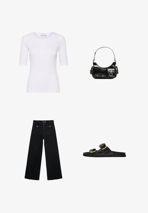 Weißes, eng anliegendes T-Shirt aus elastischem Stoff mit rundem Ausschnitt und Ärmeln bis zum Ellenbogen. Das Etikett zeigt Größe M an.; Schwarze, weit geschnittene Jeans mit hoher Taille, die zwei Fronttaschen und metallene Knopfakzente aufweist. Der Stoff hat eine glatte Textur.; Schwarze Riemensandale mit zwei goldenen Schnallendetails, glattem Material, flachem Sohlen und minimalistischer Gestaltung.; Schwarze Lackleder-Handtasche mit geschwungenem Design, einem Schulterriemen, Vordertaschen und silberfarbenen Hardware-Akzenten.