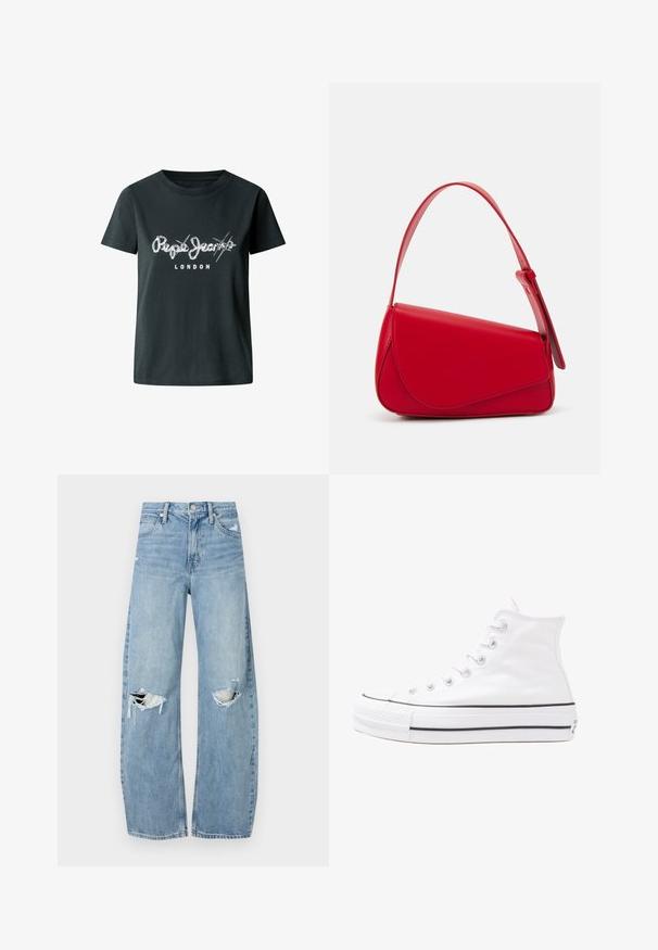 Must musta musta T-särk, millel on rinnas valge kulunud logo "Pepe Jeans LONDON" ning lühikesed varrukad ja ümmargune kaelus.; Heledad hallideega sinised teksad, millel on kõrge talje. Teksade jalgadel on lai alus, kaks rebitud kohta põlvede ümber ning klassikaline viie tasku stiil.; Valge kõrgem kangast tenniseking, millel on must kummist tald, ees kummist varvasetugi ja kuus aukku paelte jaoks, pakkudes puhta ja minimalistliku disaini.; Punane nahast käekott, millel on nurkadega geomeetriline disain. Omab ühte reguleeritavat rihma ja klappidega sulgemist, millel on õmblustega kaunistused.
